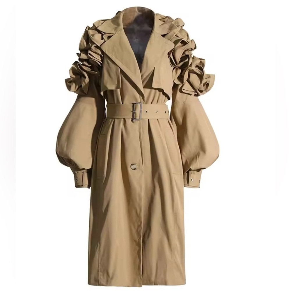 NEW $195 London Britberry Tan Ruffle Sleeve Trench Coat - Picture 9 of 11